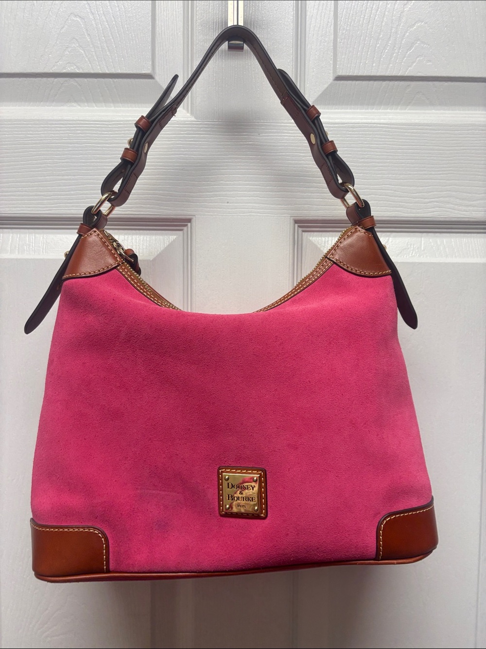 Dooney & Bourke Pink Suede Hobo Shoulder Bag & Brown Leather Trim Gold Hardware